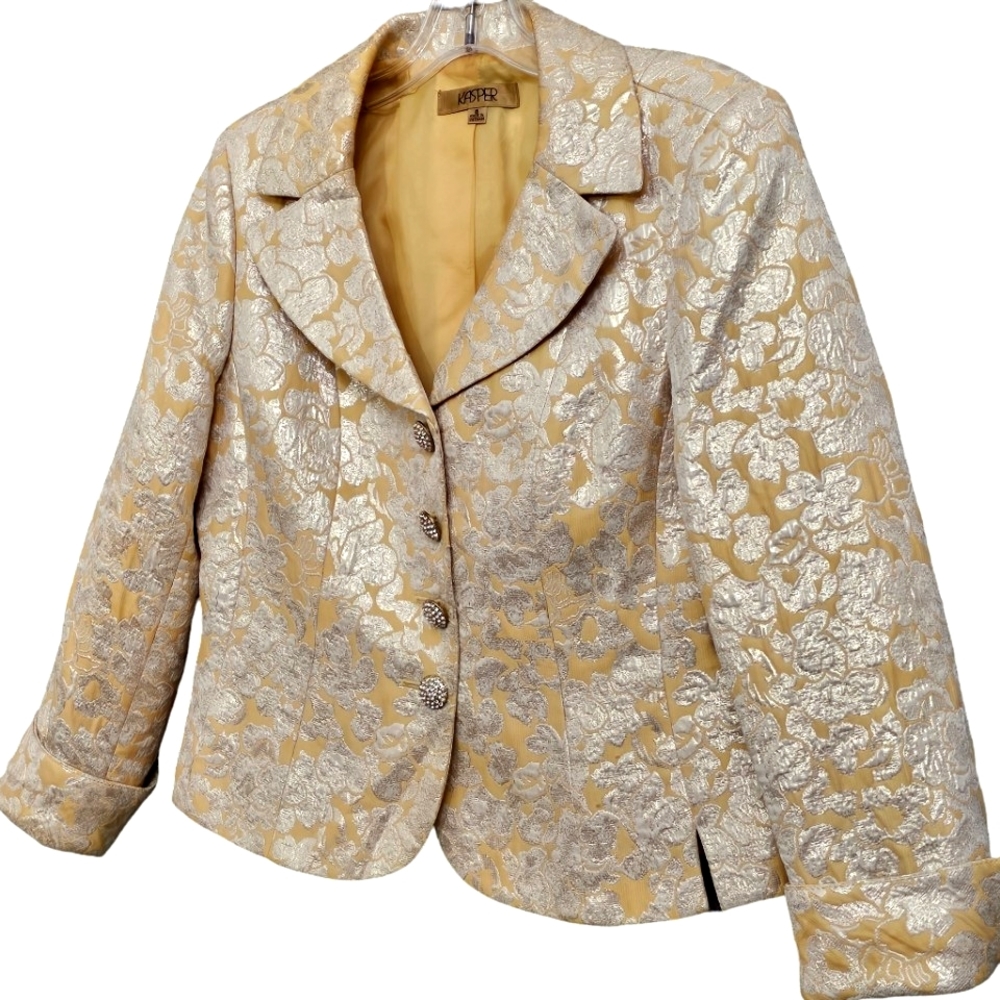 Vintage Kasper Gold/Creme Metalic Floral Jacquard Rhinestone Buttons Suit Set - Picture 11 of 17